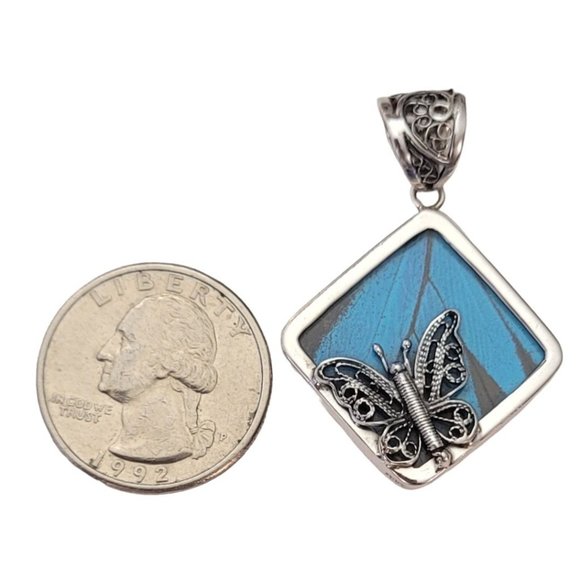 Sterling Silver Butterfly Charm, Blue Wing Large Filigree Bale Pendant E584 - Picture 8 of 9